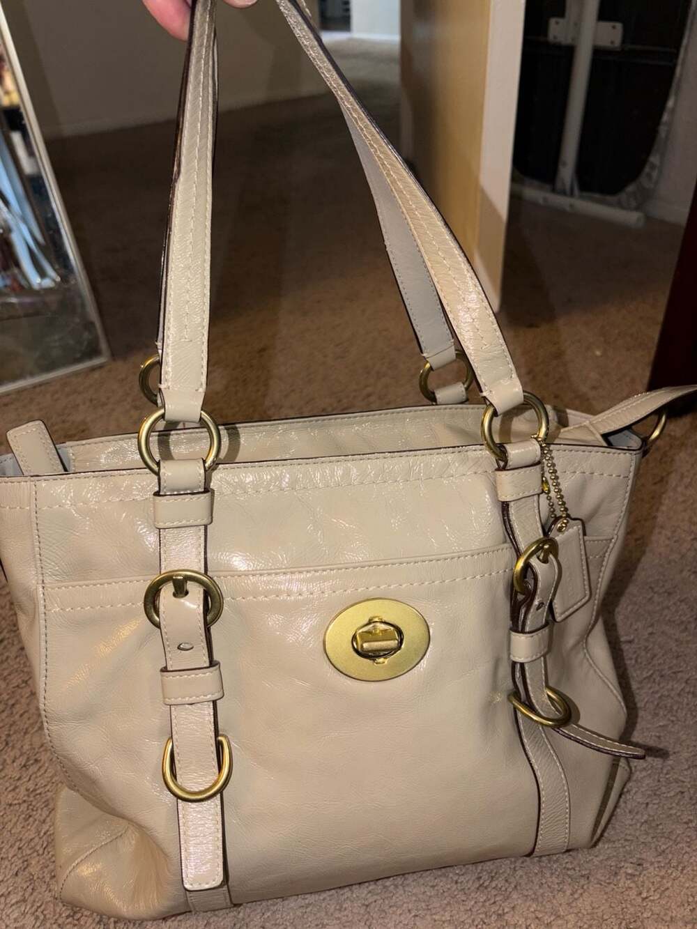 Coach F14022 Beige Patent Leather Turnlock Tote Bag